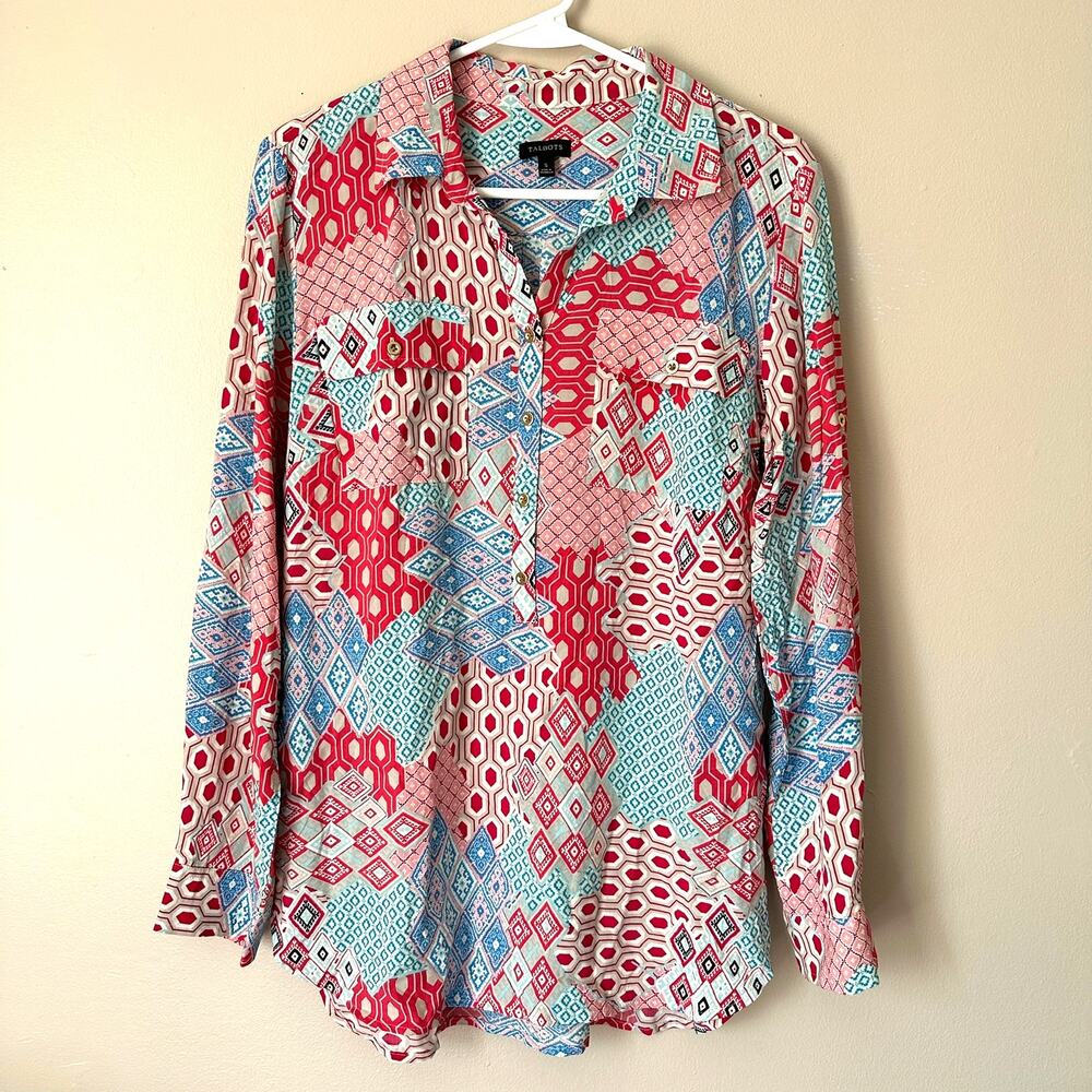 Talbots Blouse Women SMALL Patchwork Boho Office Lightweight Pink Blue Geometric